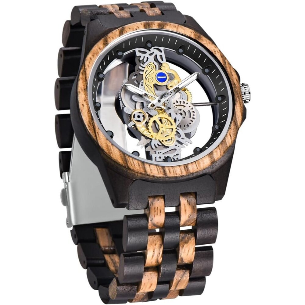 Men's Black Brown Lightweight Wooden Analog Quartz Deployment Closure Watches - Picture 1 of 8